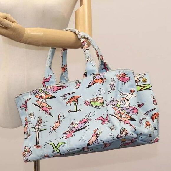 PRADA Canapa MM Hand Bag Canvas Light Blue Gold Auth 115534